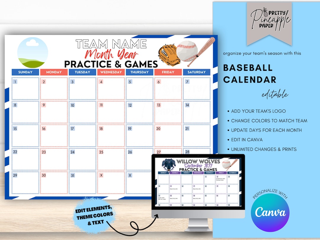 Editable Baseball Calendar Template, Instant Download Practice Games Editable Baseball Calendar Template, Instant Download Practice Games