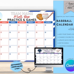 Editable Baseball Calendar Template, Instant Download Practice Games Schedule Baseball Season, Fillable Printable, Team Mom, Coach Planner