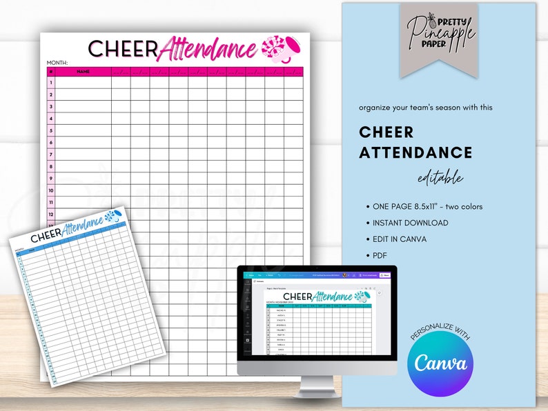 Editable Cheer Attendance Template, Instant Digital Download, Edit in