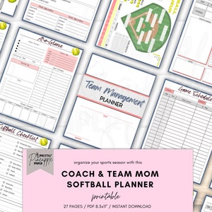 Könnte beinhalten: Druckbarer Softball-Planer in rosa und grüner Farbgebung. Der Planer enthält Seiten für Teammanagement, Spielpläne, Checklisten und mehr. Der Planer ist mit Softball-Grafiken und dem Text "Coach & Team Mom Softball Planner" verziert.