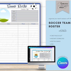 Editable Soccer Roster Template, Game Day Team Info, Coach Planner, Captain, Instant Digital Download, Sports Season Fillable Printable.
