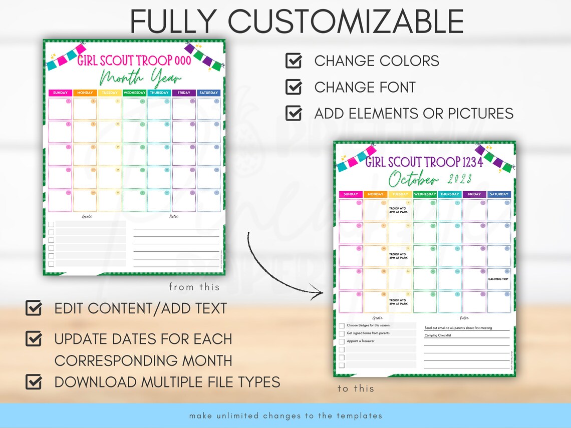 Editable Girl Scout Calendar Template, Instant Download Cookie Season ...