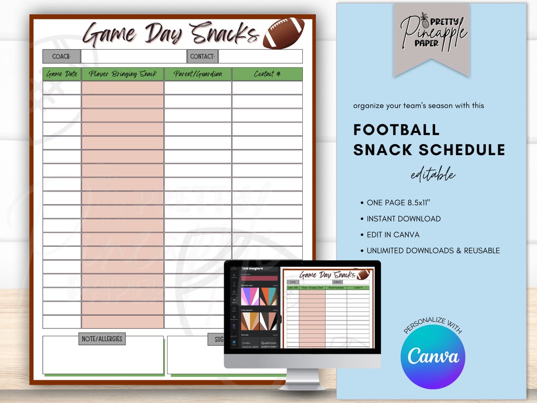 Editable Football Game Day Snack Schedule Template. Instant Download to Editable Football Game Day Snack Schedule Template. Instant Download to