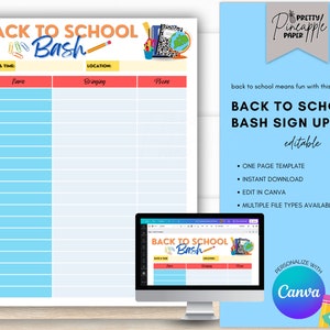 May include: A printable back to school bash sign up sheet with a blue and orange color scheme. The sign up sheet has columns for date and time, what to bring, and phone number. The text "Back to School Bash Sign Up" is in a large font at the top of the sheet. The text "editable" is in a smaller font below the title. The sheet is designed to be personalized with Canva.