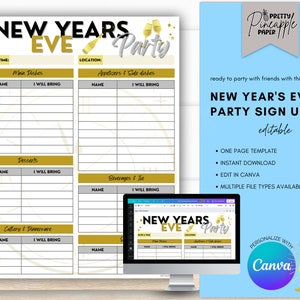 Puede incluir: Plantilla editable de registro para una fiesta de Nochevieja con acentos dorados y blancos. La plantilla incluye secciones para platos principales, aperitivos, postres, bebidas y cubiertos. El texto "Fiesta de Nochevieja" está en una fuente dorada y blanca.