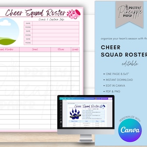 Editable Cheer Squad Roster Template, Cheerleading Team, Coach, Captain, Instant Digital Download, Sports Season. Fillable and Printable.