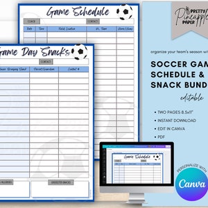 Editable Soccer Snack & Game Schedule Template Bundle, Instant Digital Download, Team Sports Season Games, Calendar, Fillable and Printable