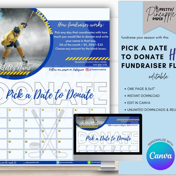 Editable Hockey - Calendar Fundraiser Template, Pick a Date to Donate, Fundraise for Hockey Season, Fillable Printable Flyer, Sponsorship