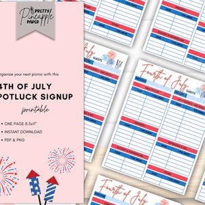 May include: Printable 4th of July potluck signup sheet with a red, white and blue fireworks design. The sheet is 8.5x11 inches and includes sections for guests, main dish, appetisers, desserts, beverages, cutlery and other.