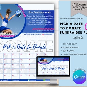 Editable Cheer - Calendar Fundraiser Template, Pick a Date to Donate, Fundraise for Cheer Season, Fillable and Printable Flyer, Sponsorship