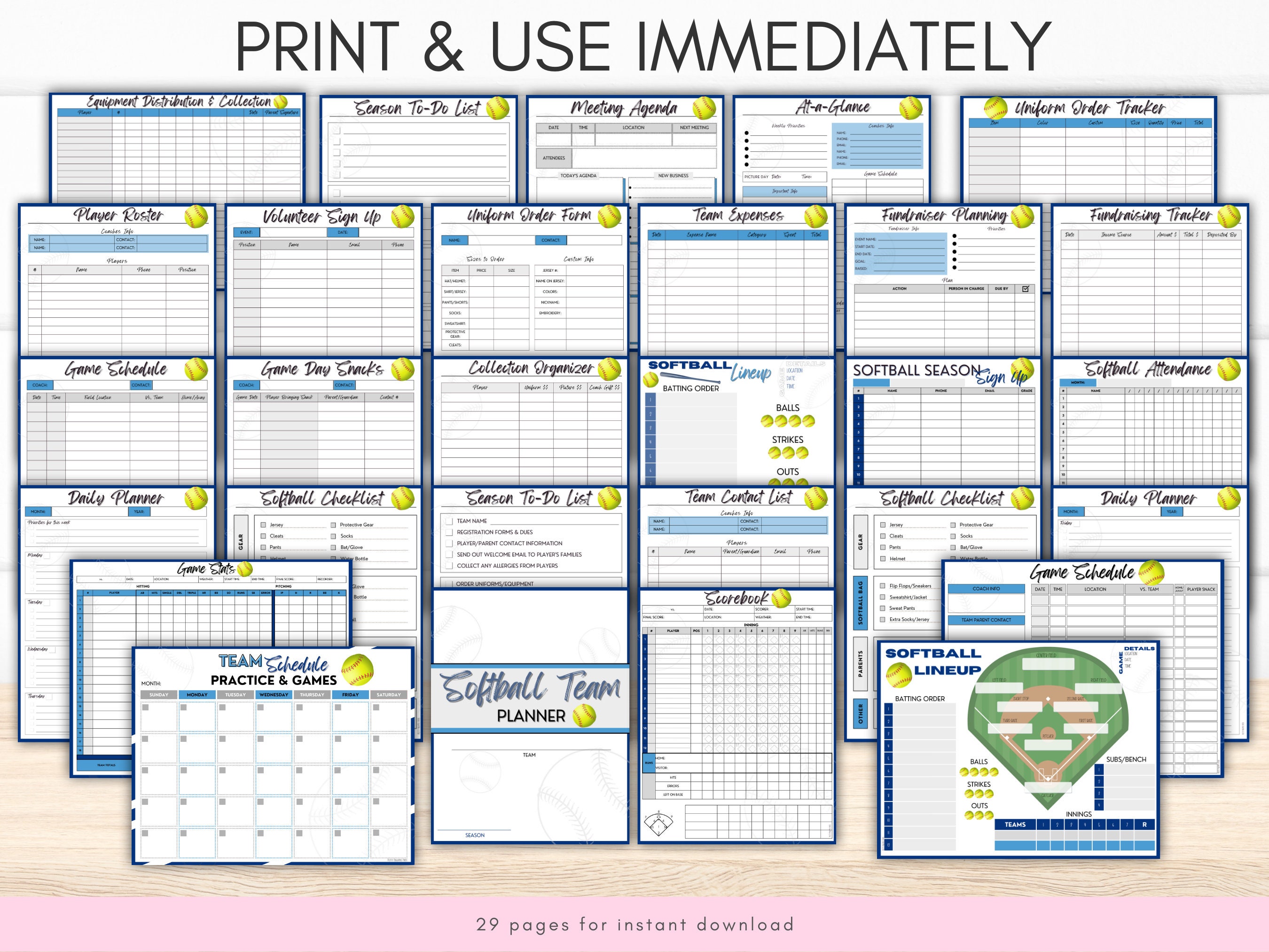 Printable Softball Team Management Planner for Coach and Team Mom, Game