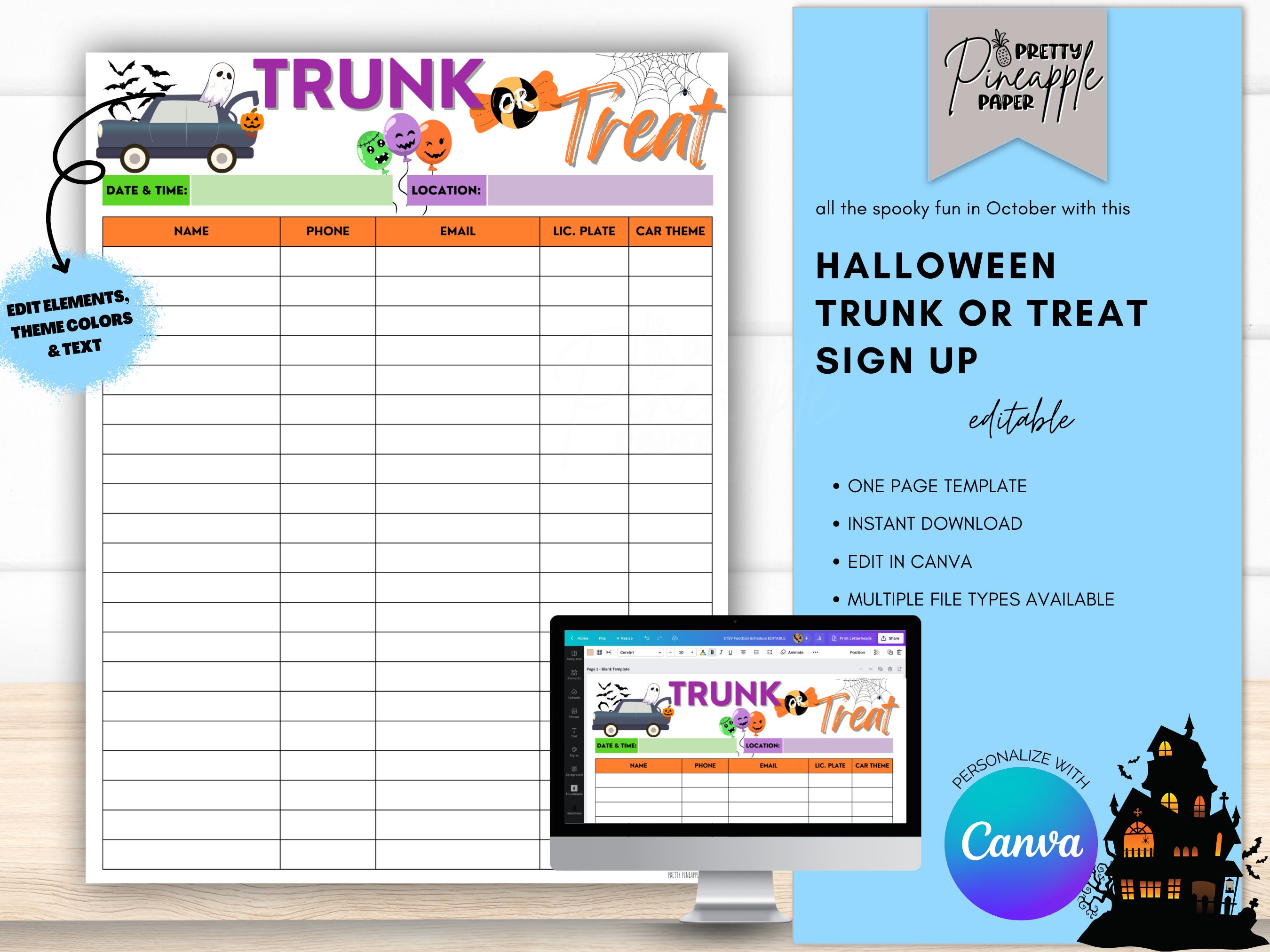 Editable Trunk or Treat Halloween Sign up Sheet, Instant Digital Editable Trunk or Treat Halloween Sign up Sheet, Instant Digital