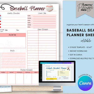 May include: A printable baseball season planner sheet with a pink and red color scheme. The planner includes sections for weekly priorities, coach info, game schedule, important info, drills, and practice schedule. The planner is editable in Canva and includes a baseball graphic.