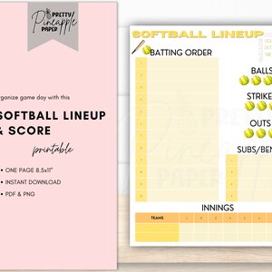 Printable Softball Line Up Batting Order Dugout Innings. Instant Download for Coach and Team Mom Dad for Game Day Schedule