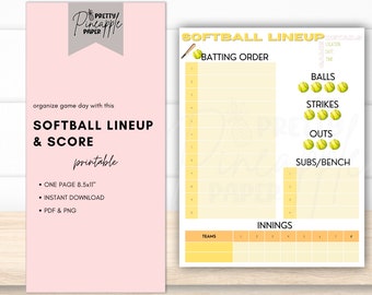 Printable Softball Line Up Batting Order Dugout Innings. Instant Download for Coach and Team Mom Dad for Game Day Schedule