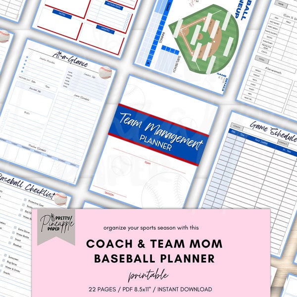 Printable Baseball Team Management Planner for Coach and Team Mom, Game Day Sport Schedule, Snack, Fundraiser, Practices, Uniform Tracker