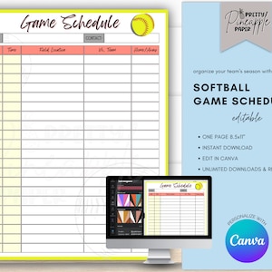 Editable Softball Game Schedule Template. Instant Download to Organize the Teams Sport Season Games. Fillable and Printable