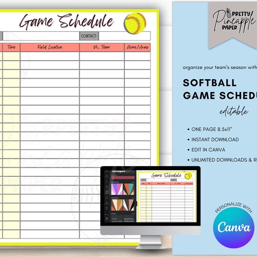 EDITABLE Softball Game Schedule Printable Practice Schedule Etsy