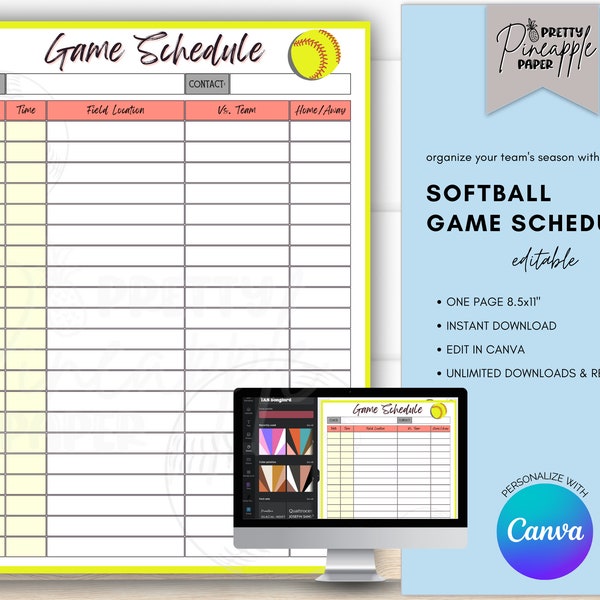 Editable Softball Game Schedule Template. Instant Download to Organize the Teams Sport Season Games. Fillable and Printable