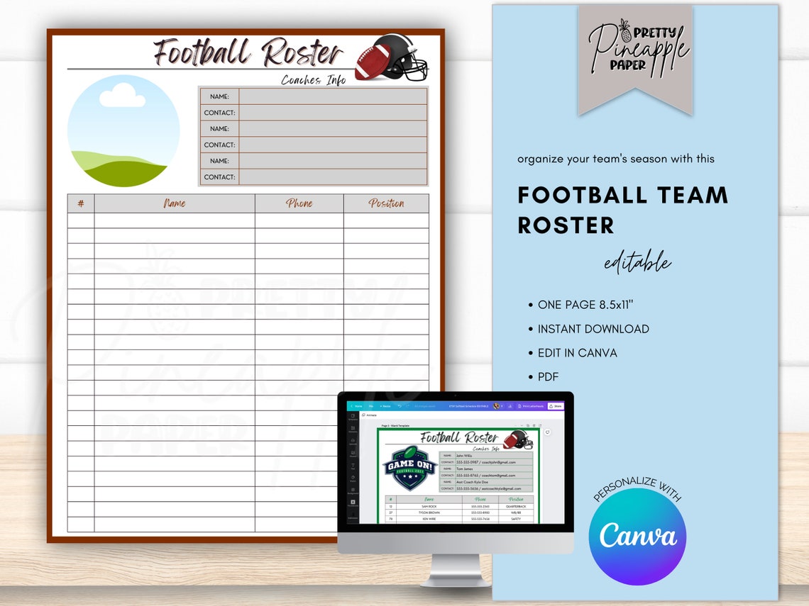 Editable Football Roster Template, Football Team Info, Coach Planner ...