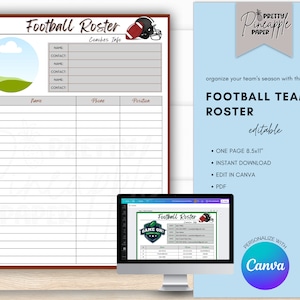 Modello modificabile del roster di calcio, informazioni sulla squadra di calcio, pianificatore di allenatori, capitano, download digitale istantaneo, stagione sportiva. Compilabile Stampabile.