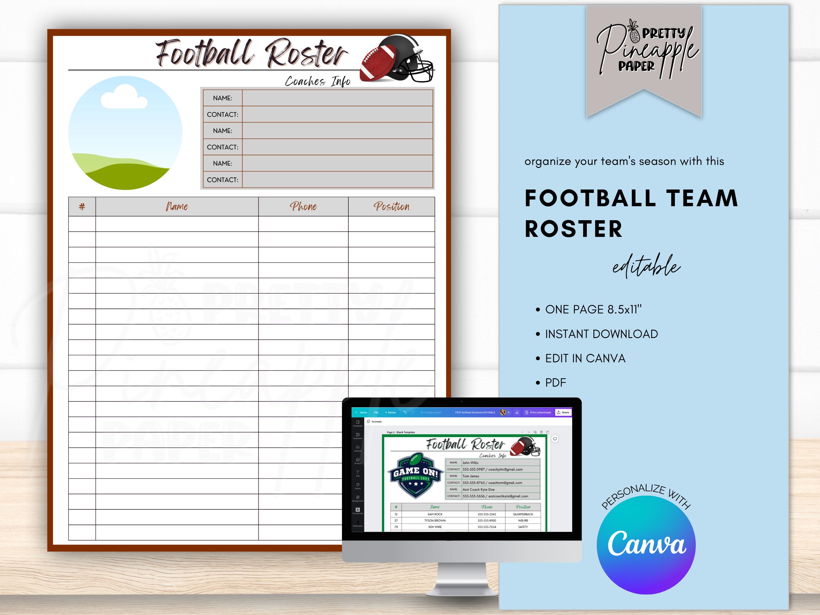 Editable Football Roster Template, Football Team Info, Coach Planner Editable Football Roster Template, Football Team Info, Coach Planner