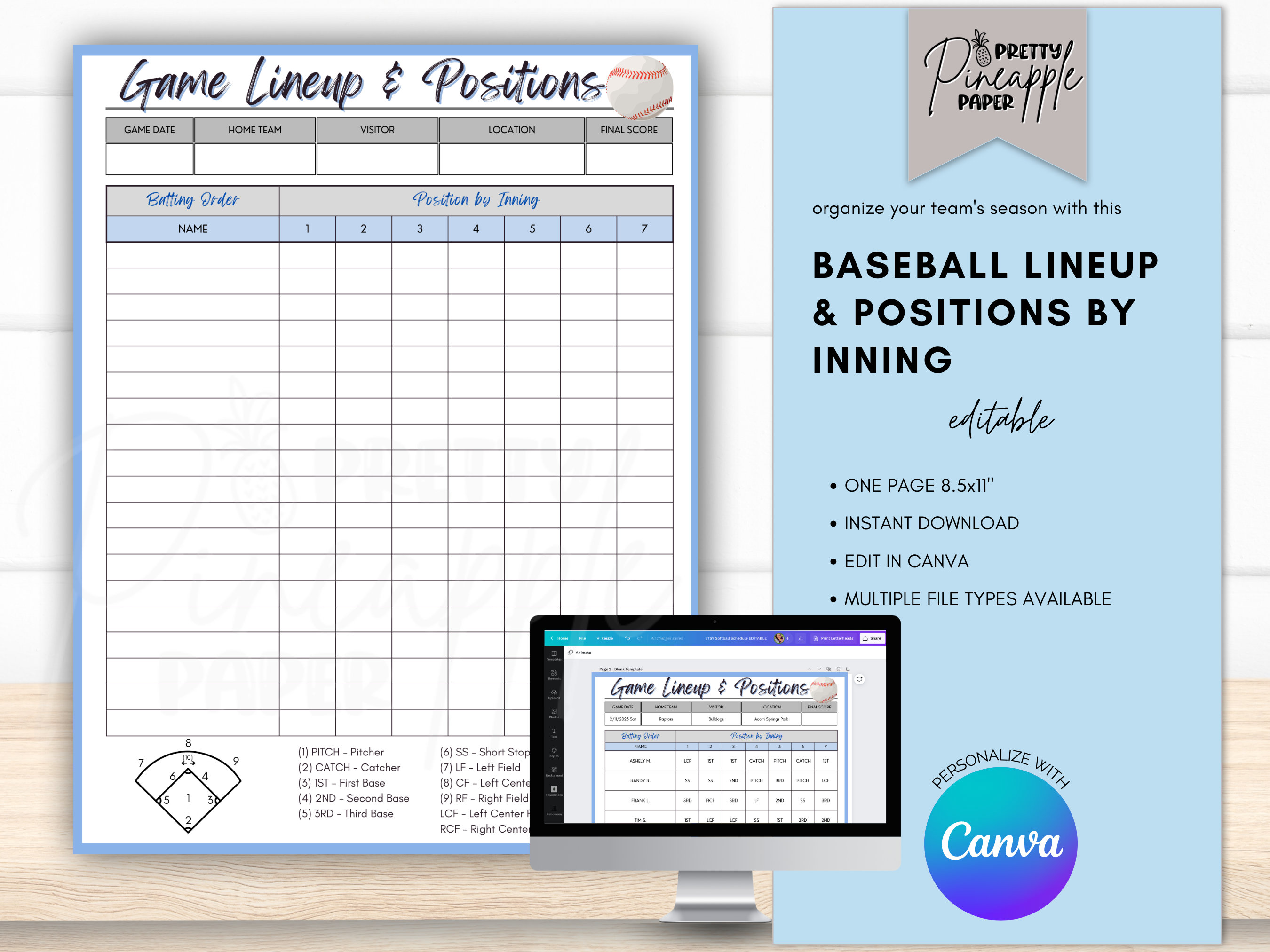 Editable Baseball Positions by Inning Template, Game Day Team Info