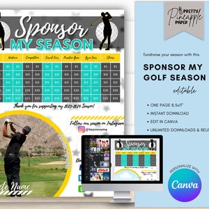 Bearbeitbare Golfer - Sponsern Sie meine Saison Fundraiser Vorlage, Sofortiger Download, um Geld für Golfspenden zu sammeln, ausfüllbar und druckbar