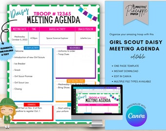 Editable Girl Scout Daisy Troop Meeting Agenda Template, Meeting Notes, Instant Digital Download, Troop Leader, Cookie Season, Troop Planner