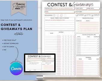 May include: A printable contest and giveaway plan template in a light blue and pink color scheme. The template includes sections for promotion, goal, engagement, rules, entries, to do and follow ups, and winners. The template is editable and can be personalized with Canva.
