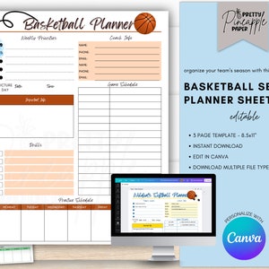 Könnte beinhalten: Druckbarer Basketball-Saisonplaner mit einer Basketballgrafik. Der Planer enthält Abschnitte für wöchentliche Prioritäten, Trainerinformationen, Spielplan, wichtige Informationen, Übungen und Trainingsplan. Der Planer ist in Canva bearbeitbar und als 3-seitiges Template in 8,5x11 Zoll verfügbar.