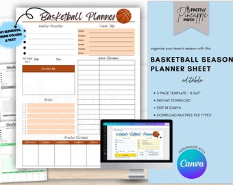 Editable Basketball Season Planner Sheet, Instant Digital Download, Edit in Canva, Coach Planner, Team Captain Printable