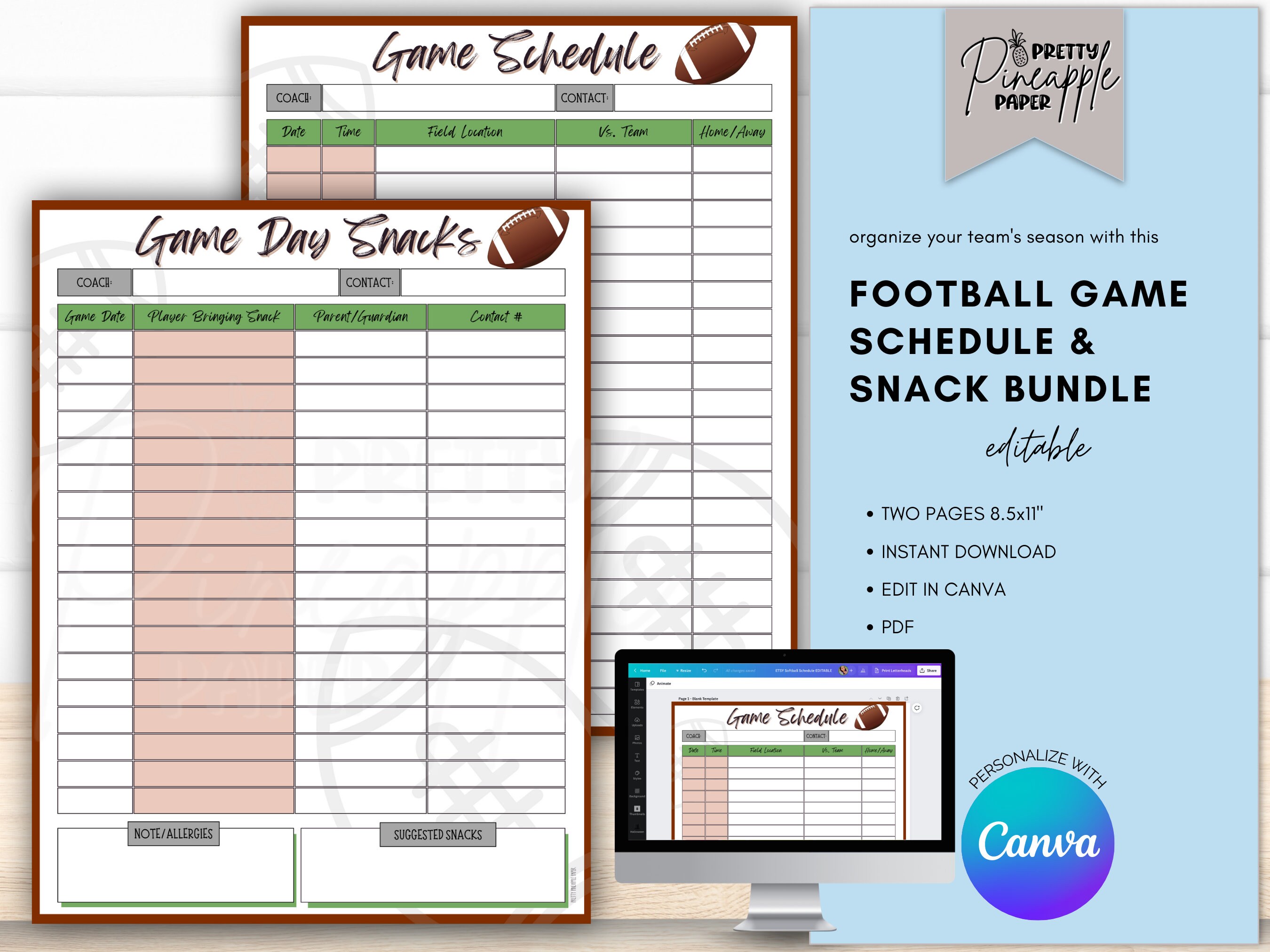 Editable Football Snack & Game Schedule Template Bundle, Instant Digital Download, Team Sports Flag Season, Calendar, Fillable and Printable