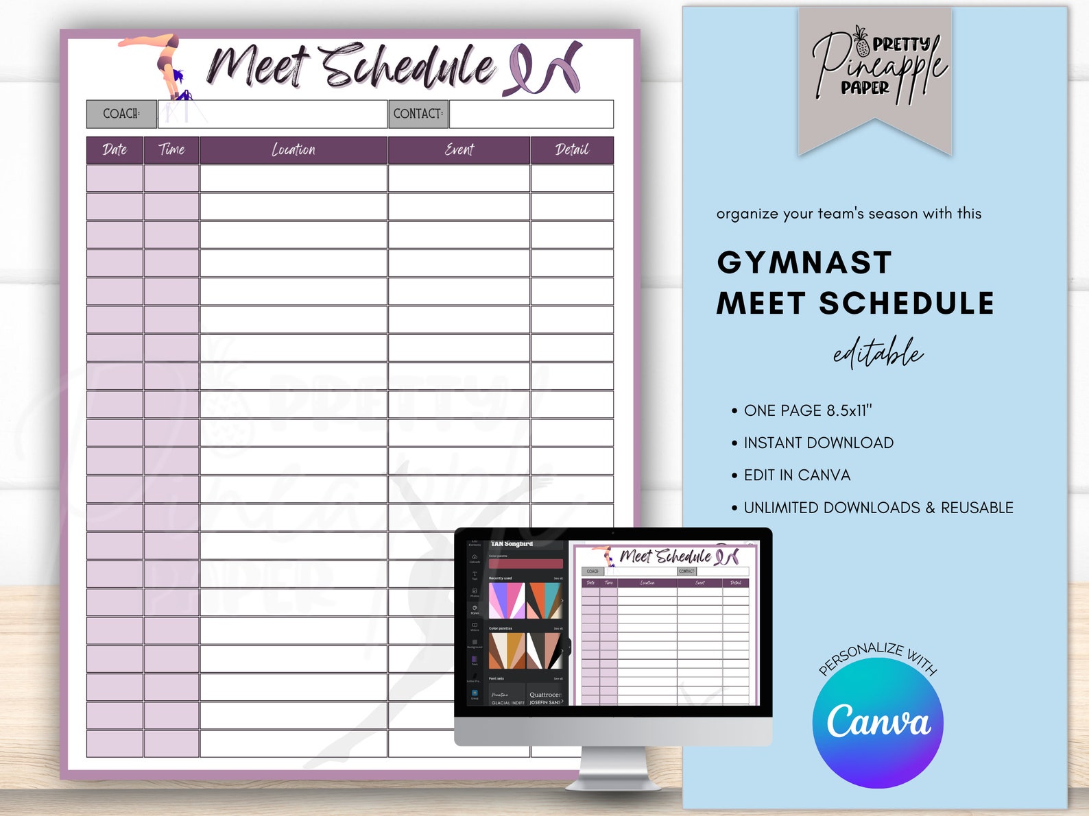 Editable Gymnast Meet Schedule Template, Fillable and Printable