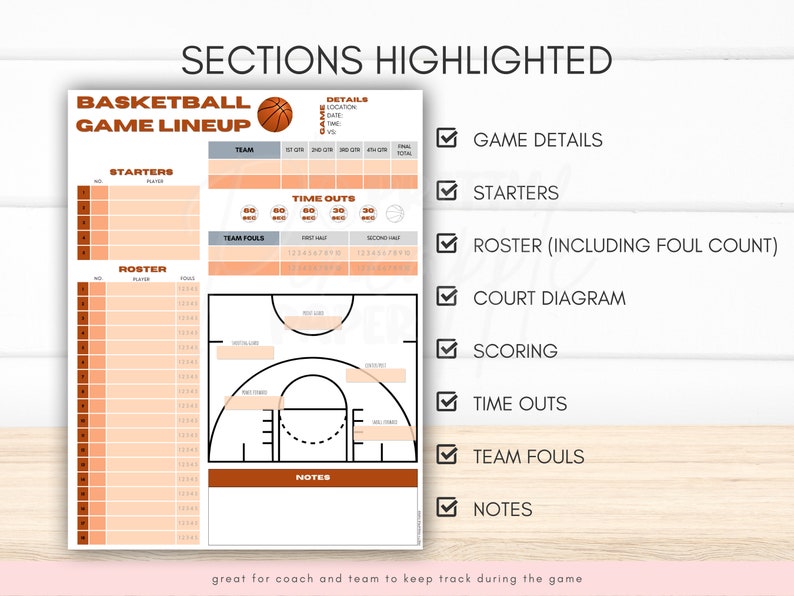 Printable Basketball Rotation Printable Basketball Game Lineup, Roster, Scoring, Court, Bench ...