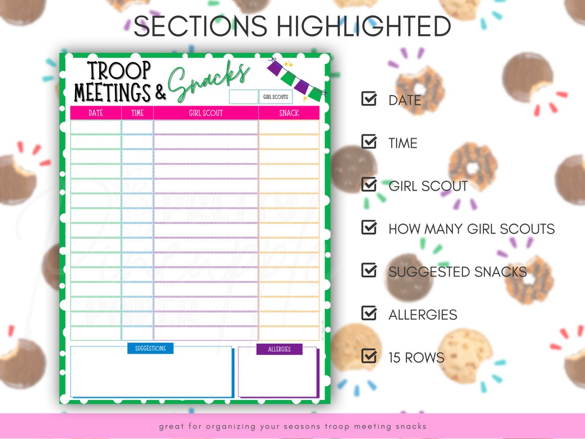 Printable Girl Scout Troop Meetings and Snack Schedule, Sign up Sheet
