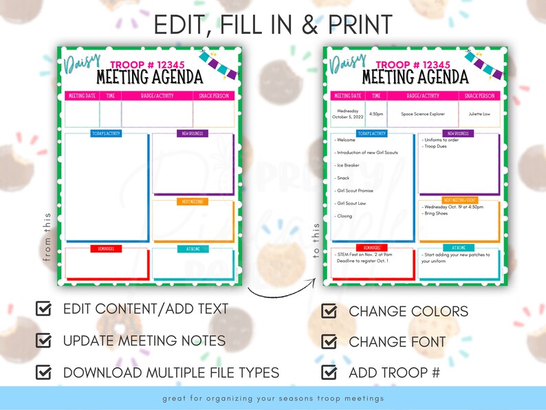 Editable Girl Scout Daisy Troop Meeting Agenda Template, Meeting Notes