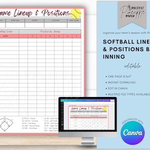 Editable Softball Positions by Inning Template, Game Day Team Info, Coach Planner, Batting Order, Lineup, Field Positions, Printable, Canva