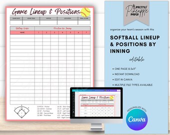Editable Softball Positions by Inning Template, Game Day Team Info, Coach Planner, Batting Order, Lineup, Field Positions, Printable, Canva