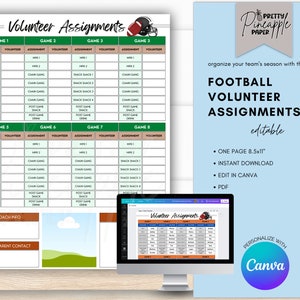 Editable Football Volunteer Assignment Template, Game Info, Coach Planner, Team Mom, Snacks, MPR, Schedule, Instant Download, Fillable