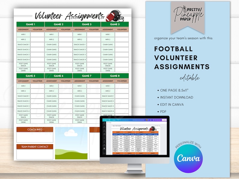 Editable Football Volunteer Assignment Template, Game Info, Coach ...