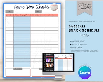 Editable Baseball Game Day Snack Schedule Template. Instant Download to Organize Player Snacks for each Game. Fillable and Printable