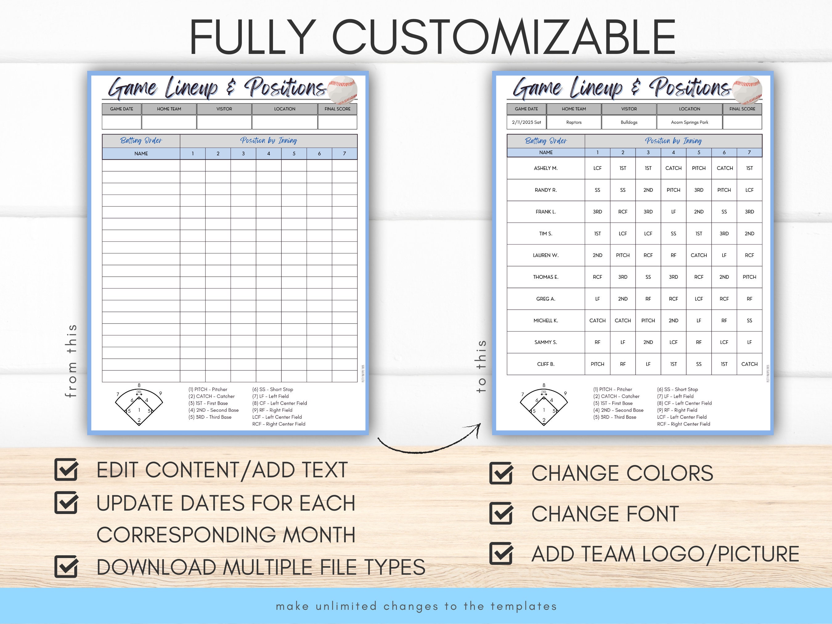 Editable Baseball Positions by Inning Template, Game Day Team Info, Coach Planner, Batting Order