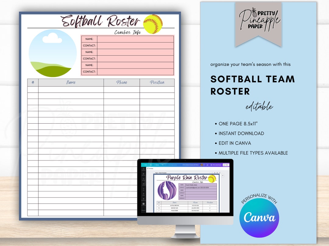 Editable Softball Roster Template Game Day Team Info Coach Planner