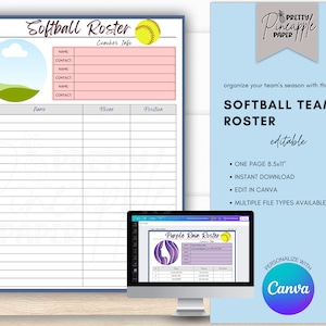 Editable Softball Roster Template, Game Day Team Info, Coach Planner, Captain, Instant Digital Download, Sports Season Fillable Printable.