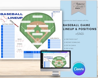 Editable Baseball Line Up and Field Position Printable Sheet. Players Batting Order, Field Position Lineup and Score. Game Day Template