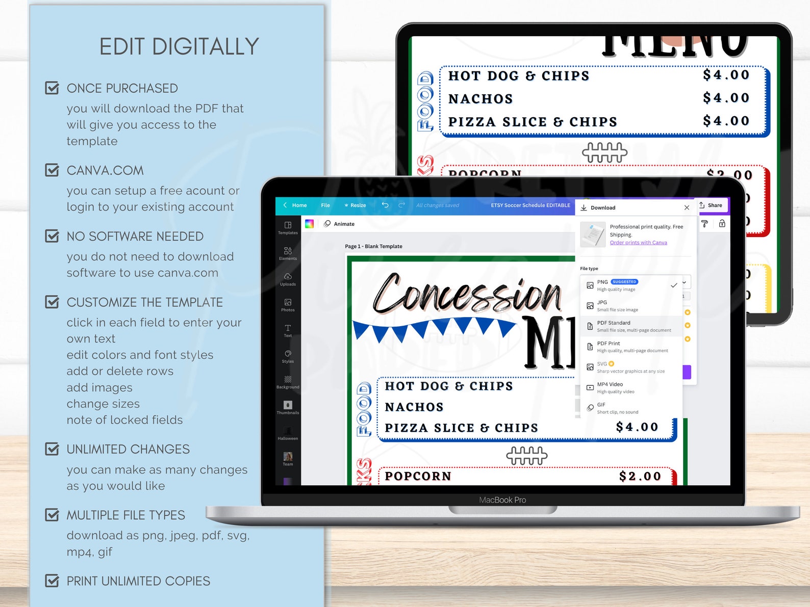 Editable Concession Stand Menu Football, Instant Download Canva ...