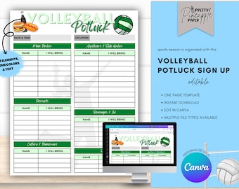 Editable Volleyball Season Potluck Party Sign Up Sheet, Instant Digital Download, Edit in Canva, Game Day, End of season, Block Party