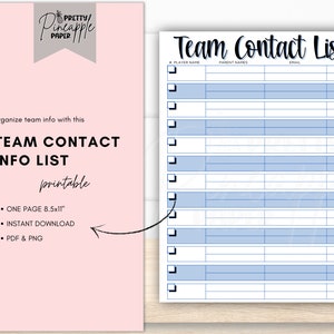 Printable Team Contact List Instant Download for Coach and Team Mom or Dad.  Information Sheet Baseball Football Soccer Basketball Softball