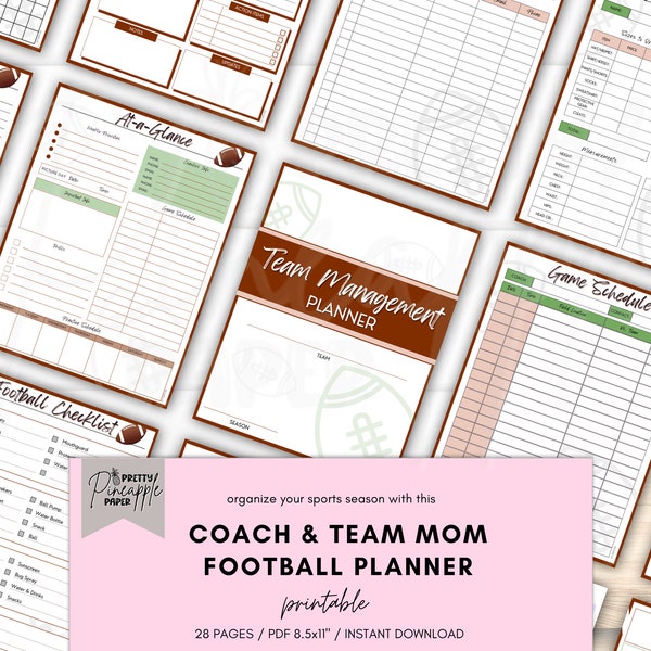 Printable Football Team Management Planner for Coach and Team Mom, Game Day Sport Schedule, Snack, Fundraiser, Practices, Uniform Tracker